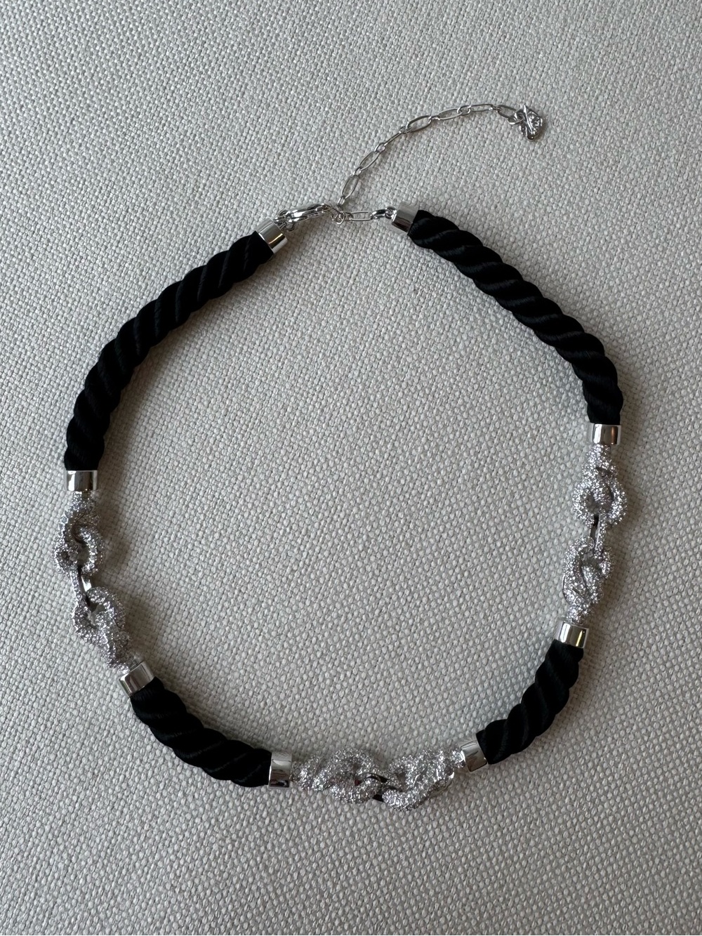 Swarovski Choker Necklace with Black Rope Cord and Silvertone Pave Crystal Knots
